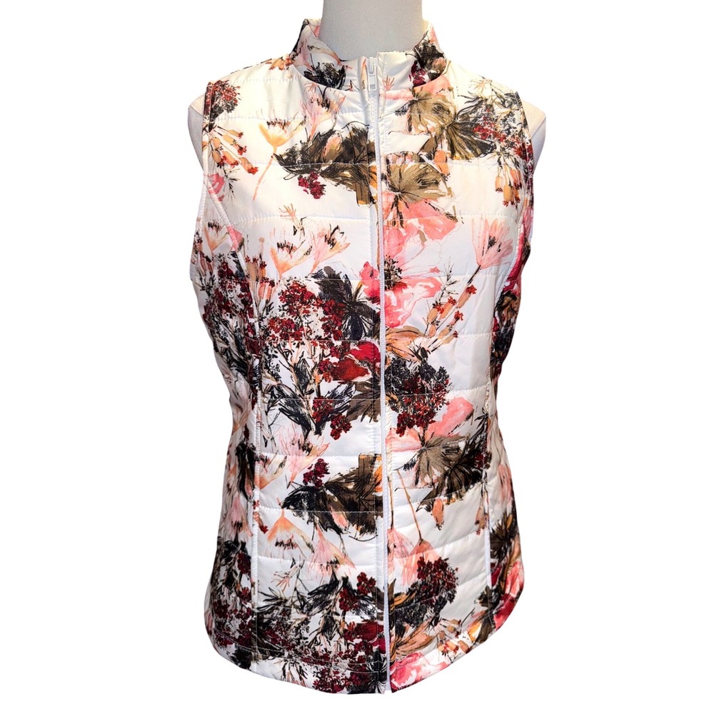 Chicos Floral Quilted Puffer Vest Mock Neck Full Zip Sleeveless Chico Size 0 US4